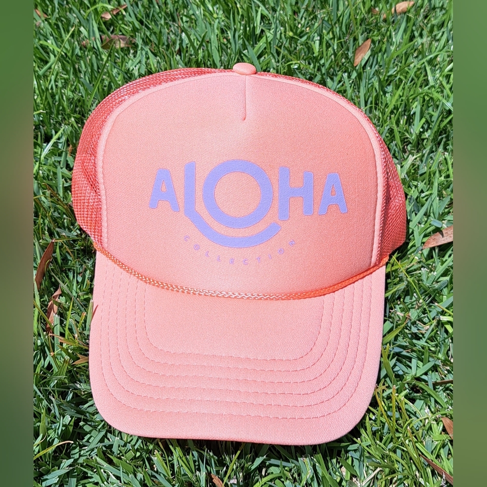 ALOHA Collection Logo Trucker Hat, Coral/Lavender